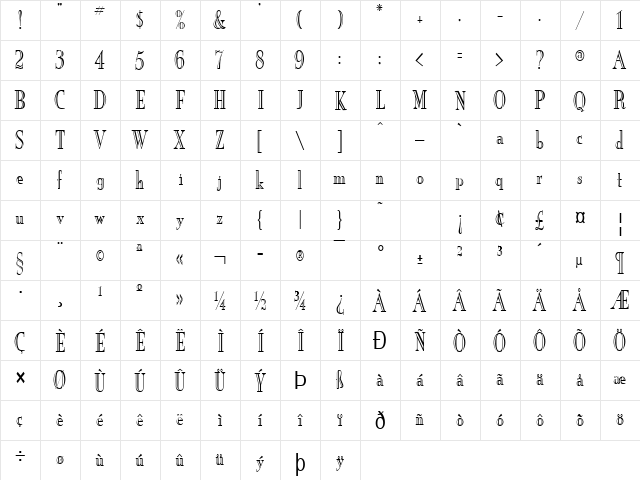New England-Engraved-Condensed Normal  glyph index