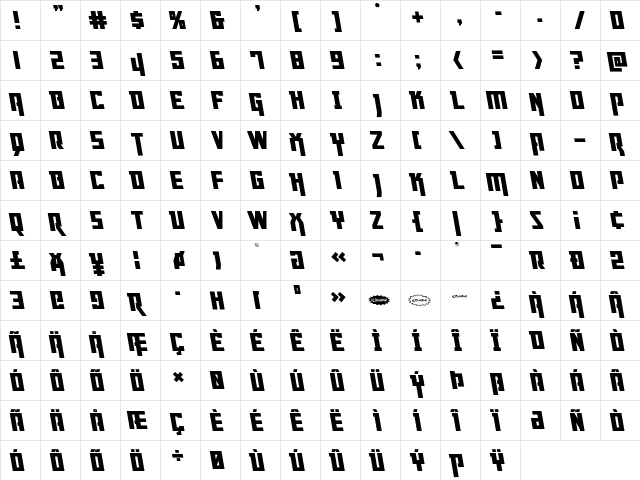 Danger Flight Leftalic Italic  glyph index