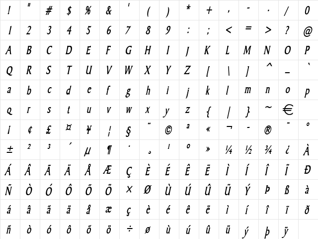 BarrettThin BoldItalic  glyph index