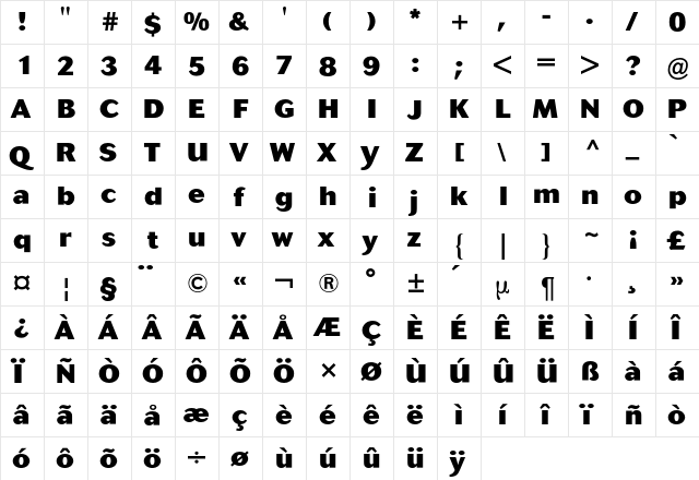 Cosmos BQ Regular  glyph index