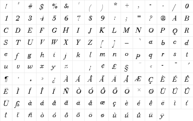 BauerBodDRegItaIn1 Regular  glyph index