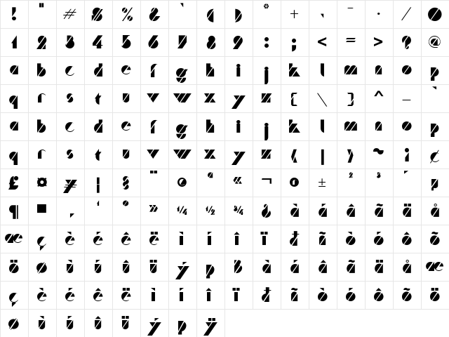 Trafalgar Regular  glyph index