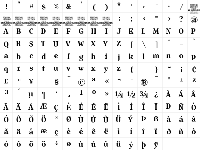 Isle Headline PERSONAL USE Bold  glyph index