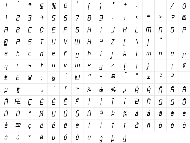 Moondog Thirty Italic  glyph index