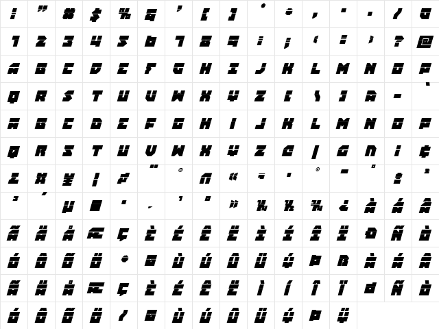 Dark Hornet Laser Italic Regular  glyph index