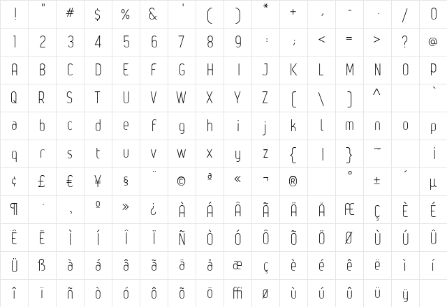 LegerLight Regular  glyph index