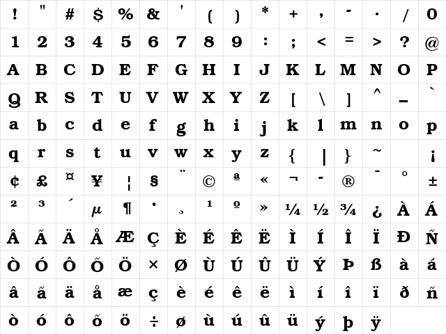 ITC Bookman SWA Demi  glyph index
