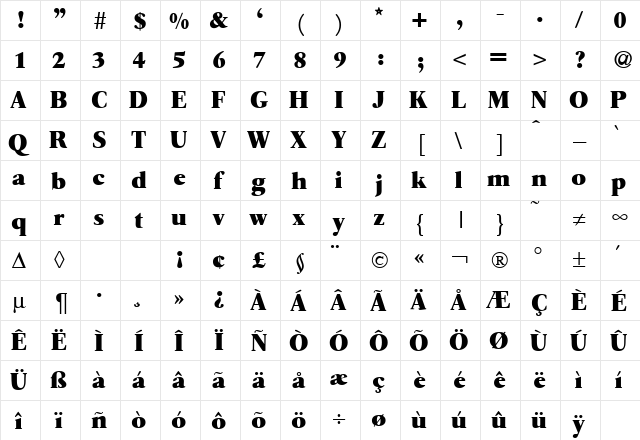 QuartoExtrabold Regular  glyph index