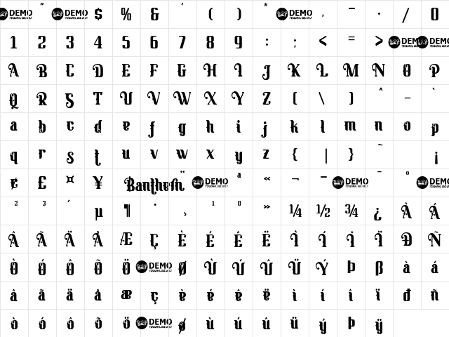 Banthern Personal Use Regular  glyph index