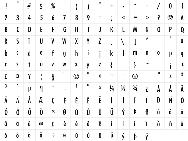Futura Std Medium Condensed  glyph index