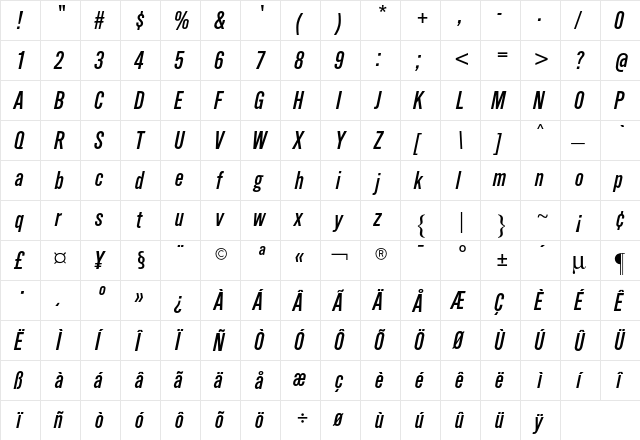 Alpin Gothic CG No2 Italic  glyph index