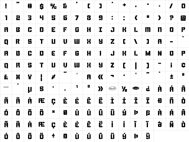 Thunder Trooper Regular  glyph index