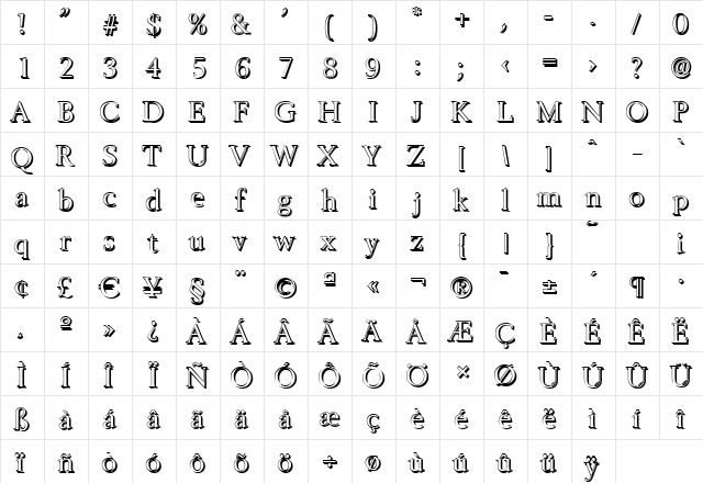 BrandonBeckerShadow Regular  glyph index