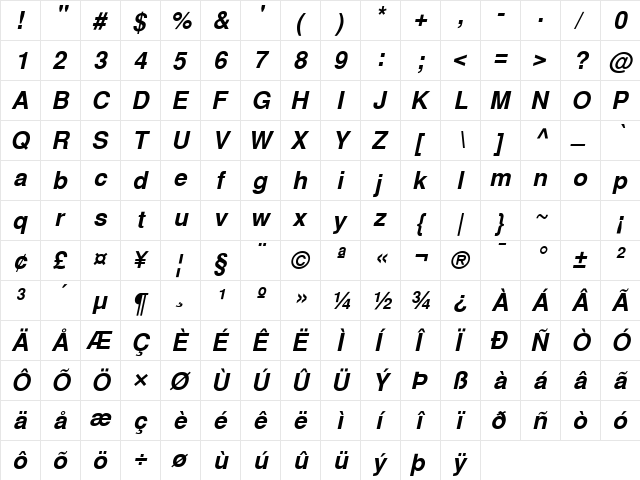 HeaveneticaSH Bold Oblique  glyph index