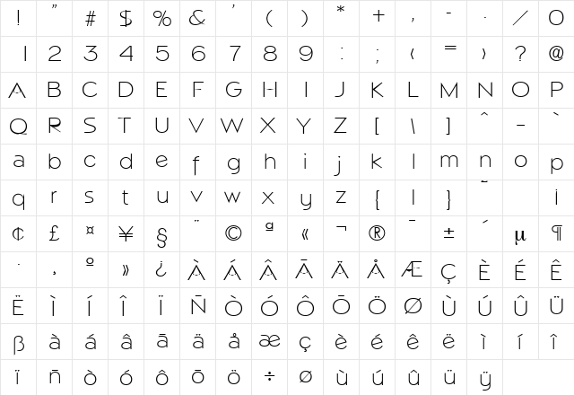 Napoli-Serial-ExtraLight Regular  glyph index