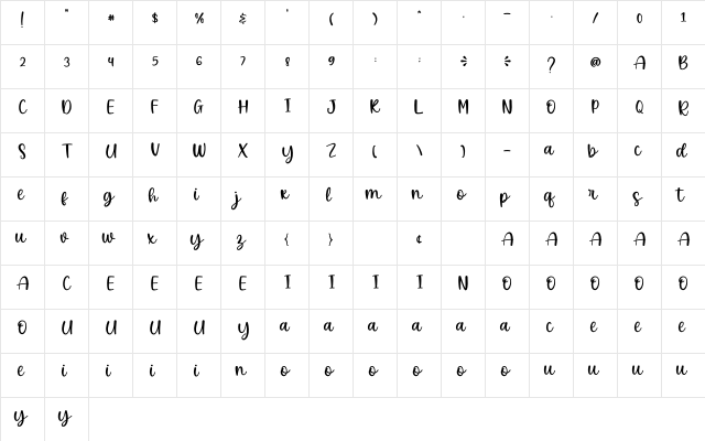 Beauty Smile Regular  glyph index