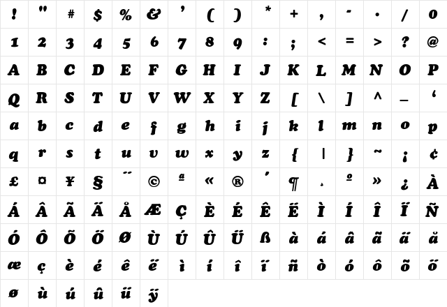 CooperBlack-Thin-Italic Regular  glyph index