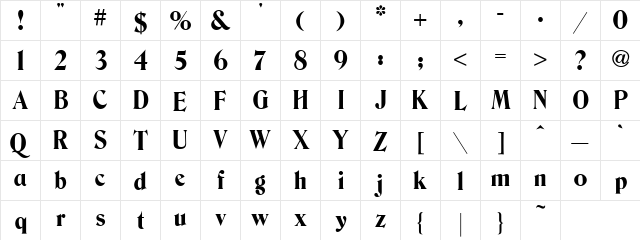 Berns Regular  glyph index