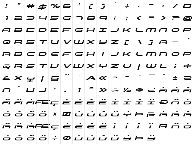 Antietam Laser Italic Italic  glyph index