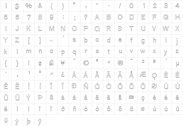 AGOldFaceOutline Roman  glyph index
