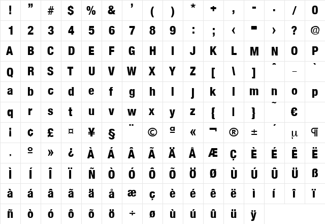 Olnova-ExtraBoldCond Regular  glyph index