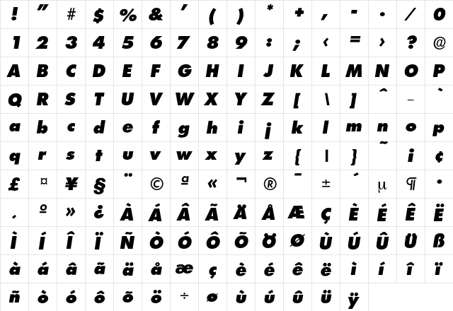 Limerick-HeavyIta Regular  glyph index