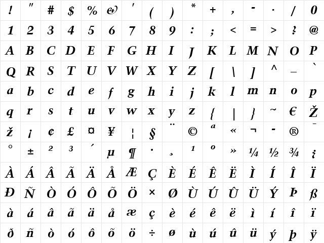 TrumpMediaeval LT Bold Italic  glyph index