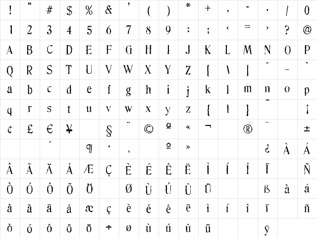 DenverAntique Regular  glyph index