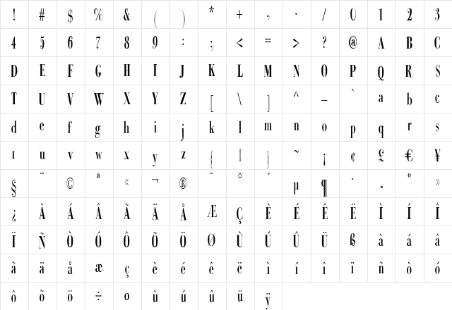 Bodoni Classic Condensed Plus Roman  glyph index