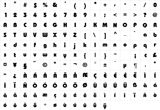 BaronBlackDB Bold  glyph index