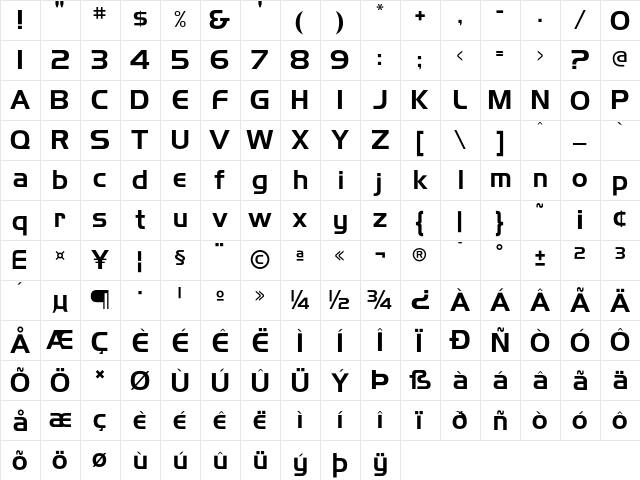 HighlandGothicFLF Regular  glyph index