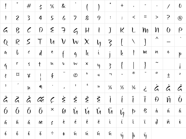 Bette ITC Std Regular  glyph index