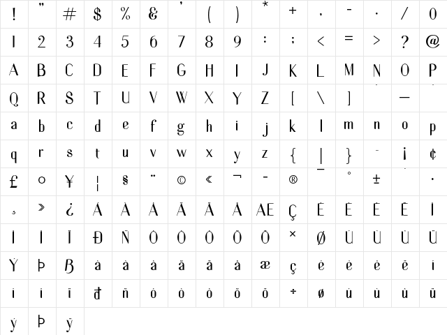 Bentalista Regular  glyph index
