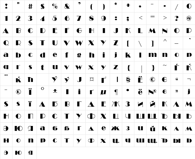 Bravo Cyr Regular  glyph index