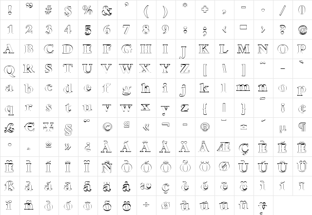 AndrewBeckerOutline-ExtraBold Regular  glyph index