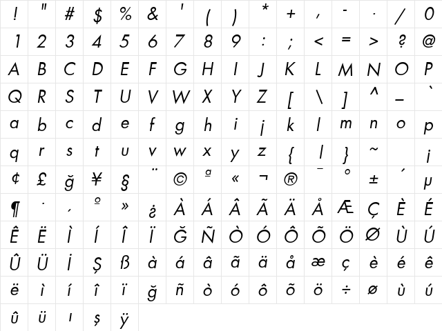 FuturaBookItalic Regular  glyph index