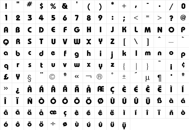 Bauhaus Bold  glyph index