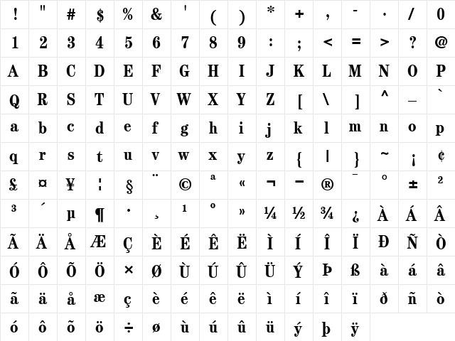 ITCCentury-Condensed Bold  glyph index