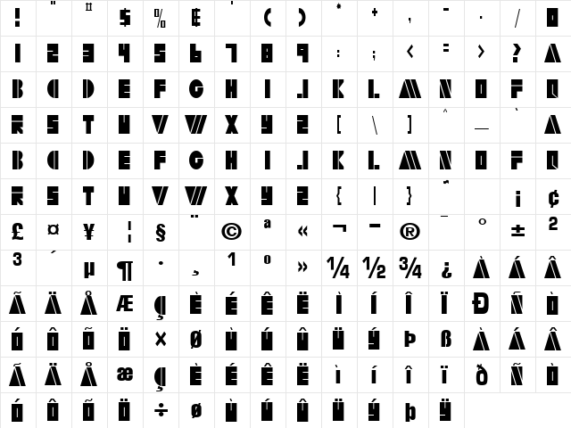 Arty Regular  glyph index