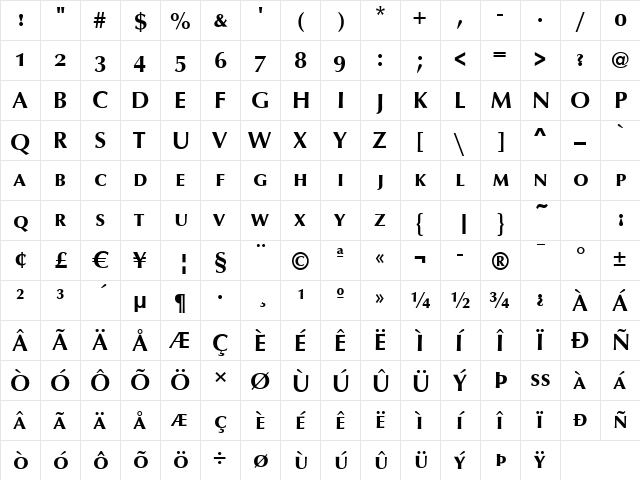 Opus-Caps Medium  glyph index