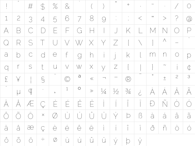 Raleway Thin  glyph index