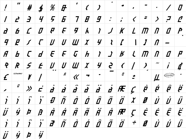 Valkyrie Expanded Italic Expanded Italic  glyph index