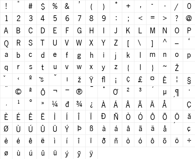 NewsGothic Regular  glyph index