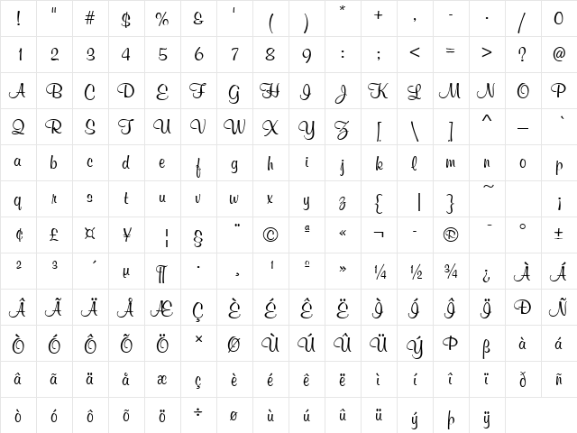 MurrayHilD Regular  glyph index