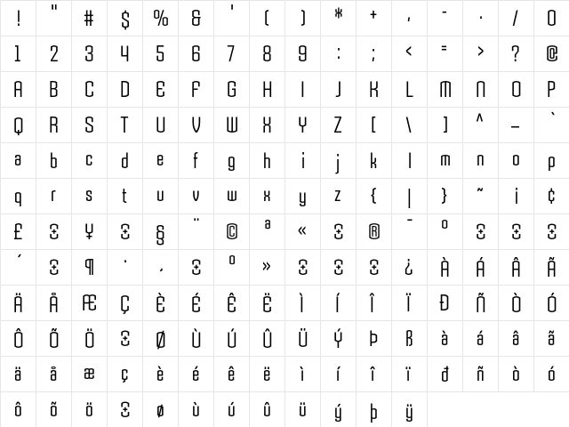 Armada RegularCondensed  glyph index