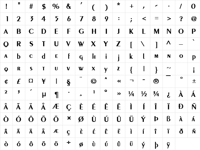 Pare Bold  glyph index