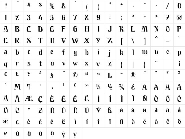 Franconia MF Regular  glyph index