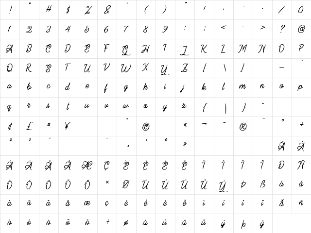 California Regular  glyph index