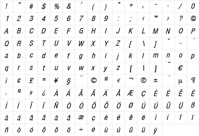 Olnova-MediumCondIta Regular  glyph index