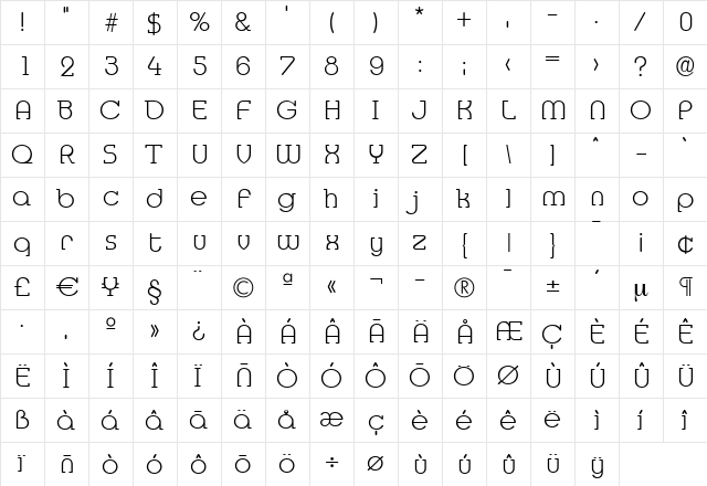 DesireeBecker-ExtraLight Regular  glyph index